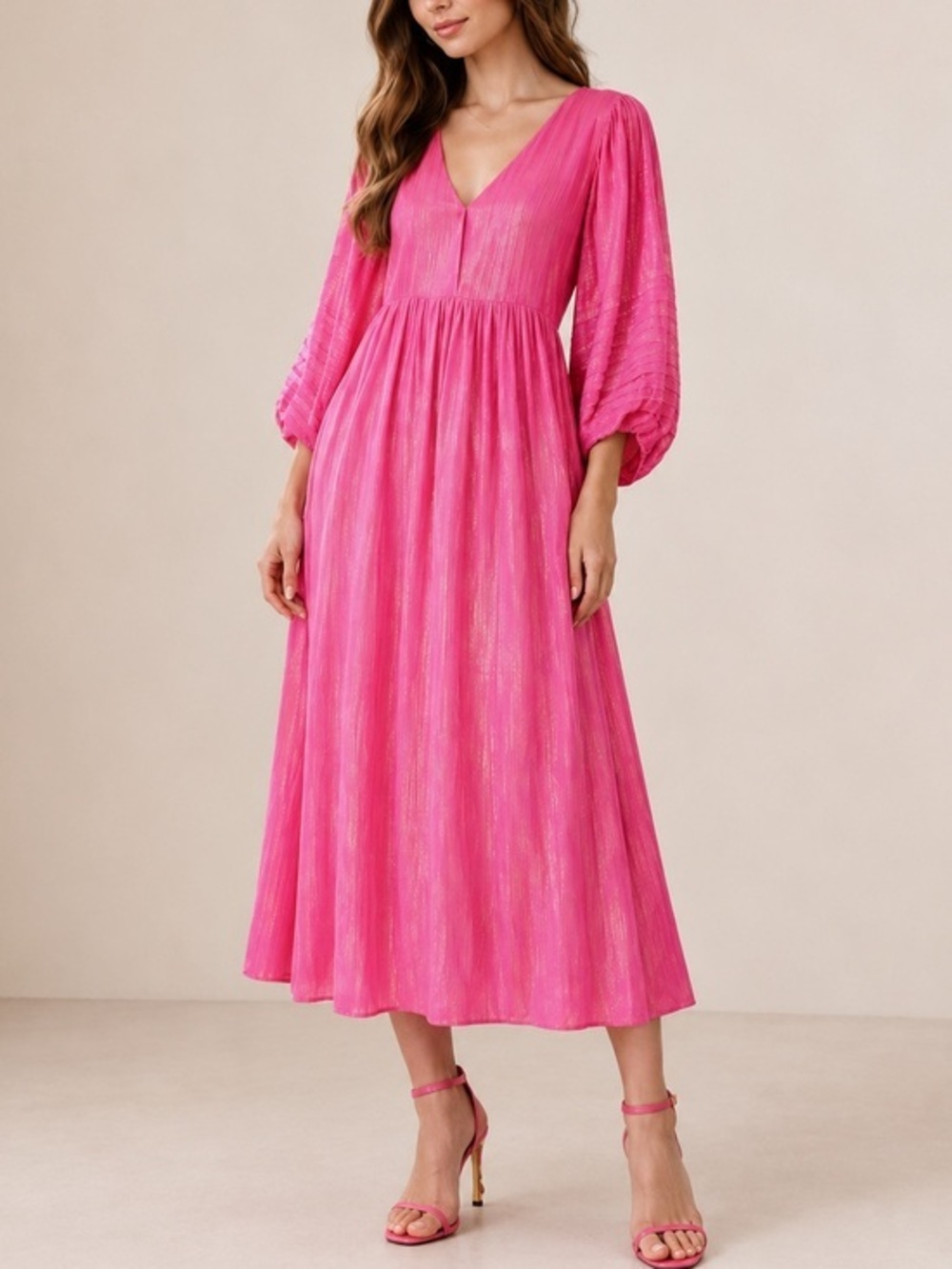 Ciebon Gayley Metallic Pink Maxi Dress Balloon Sleeve Size S